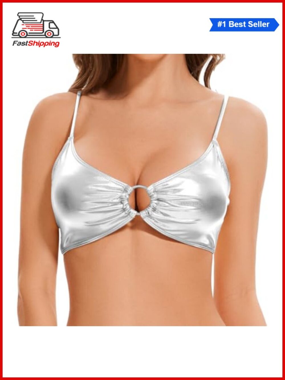 ✨ Metallic Bra Top Shiny Bralette Rave Crop Top with Metal Ring Festival Party